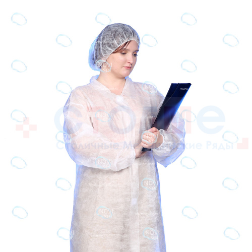 Халат одноразовый защитный (с воротником), р.52-54, спанбонд пл.25г/м2, цв.белый фото 2